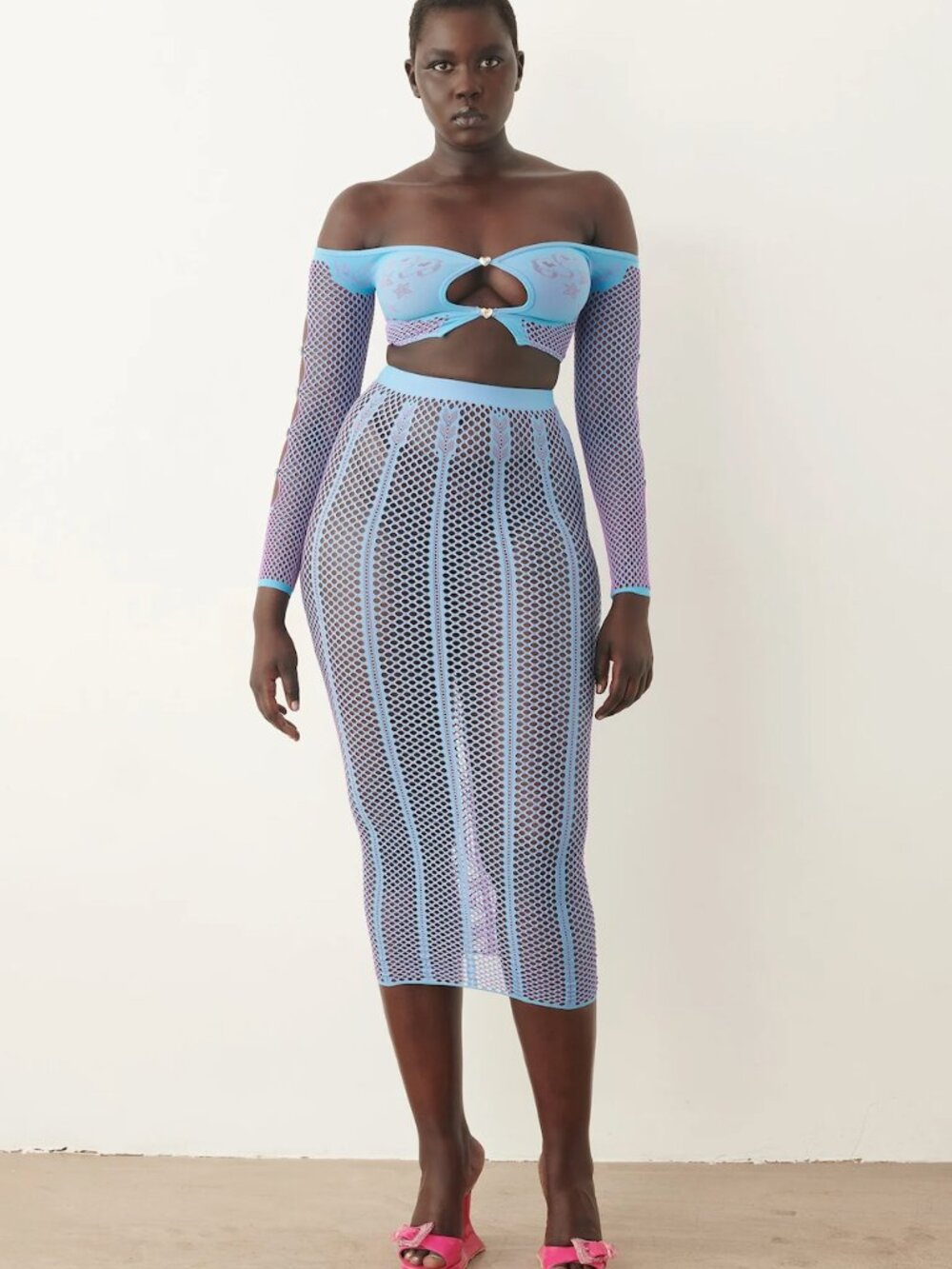 NEW Poster Girl Fortune Midi Skirt Crypto Blue - Light Sky Mesh Sheer Cutout